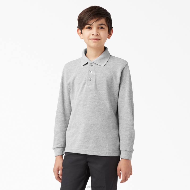 Dickies Kids Pique Long Sleeve Polo Heather Gray (HG) N80J2696 Apparel