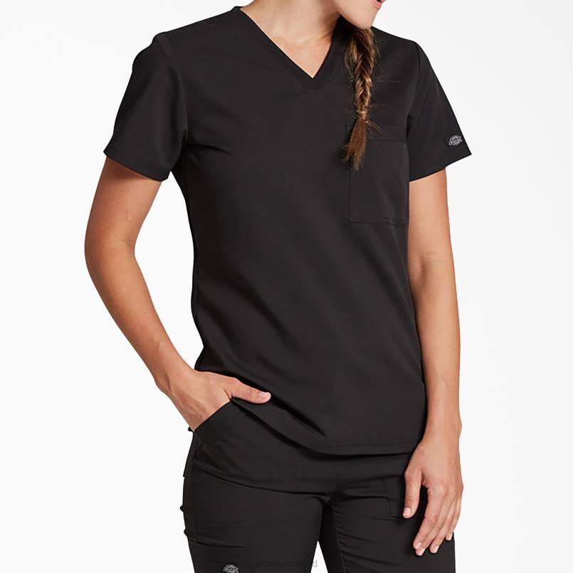 Dickies Women Balance V-Neck Chest Pocket Scrub Top Black (BLK) N80J2597 Apparel