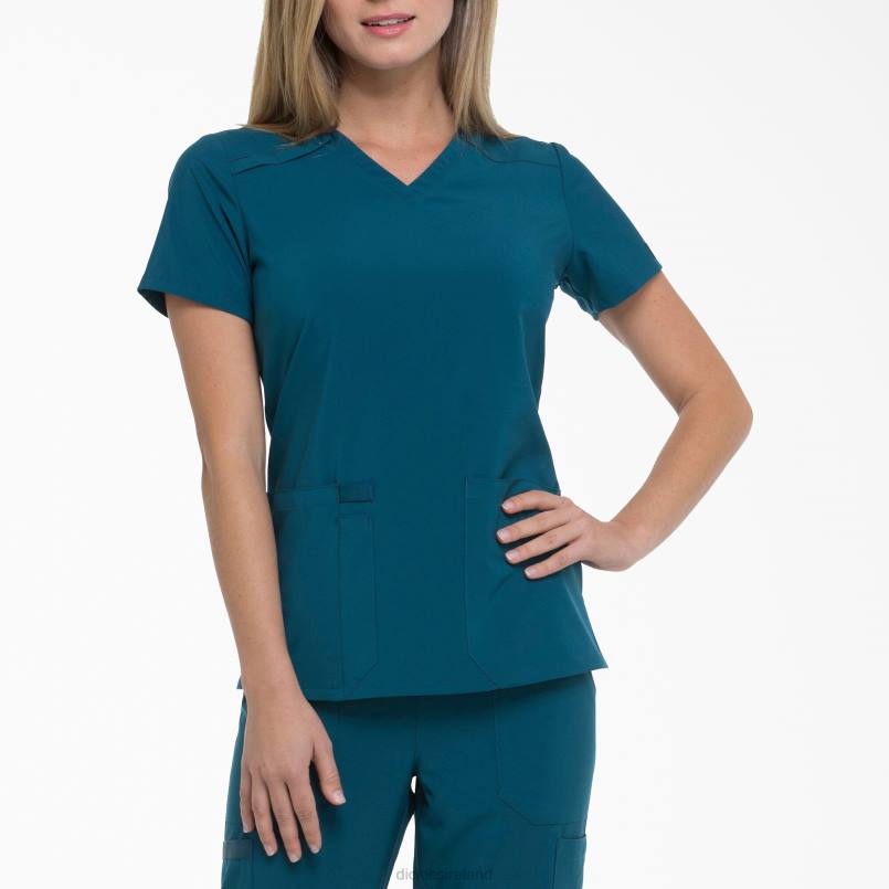 Dickies Women EDS Essentials V-Neck Scrub Top Caribbean Blue (CRB) N80J2446 Apparel