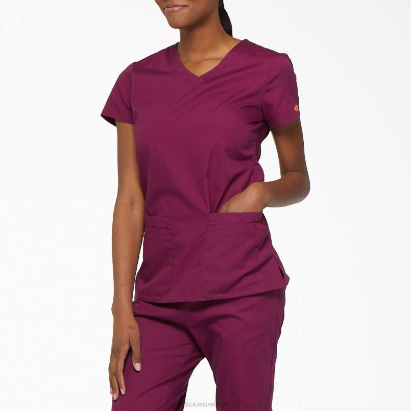 Dickies Women EDS Signature V-Neck Scrub Top with Pen Slot Wine (WIN) N80J2422 Apparel