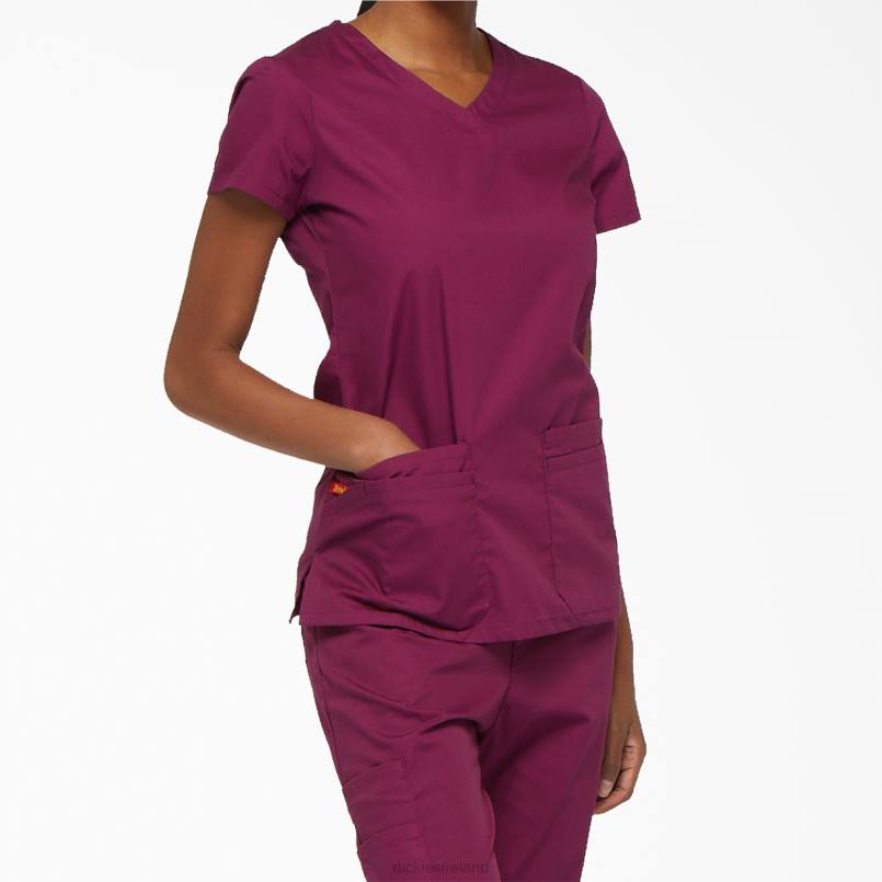 Dickies Women EDS Signature V-Neck Scrub Top with Pen Slot Wine (WIN) N80J2422 Apparel