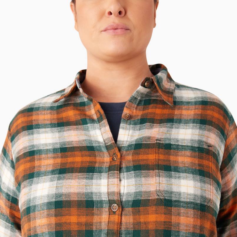 Dickies Women Plus Long Sleeve Plaid Flannel Shirt Forest/Copper Ombre Plaid (C1T) N80J2209 Apparel