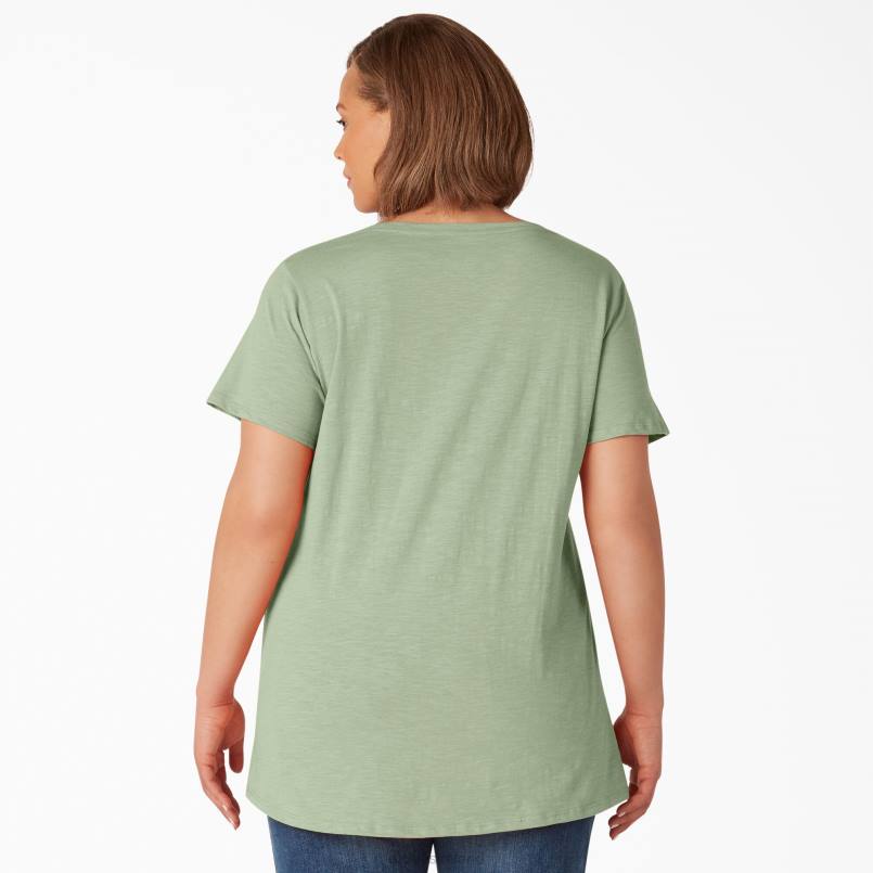 Dickies Women Plus Short Sleeve V-Neck T-Shirt Celadon Green (C2G) N80J2034 Apparel