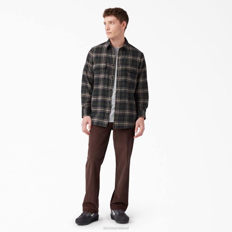 Dickies Men Long Sleeve Flannel Shirt Green/Black Plaid (NPG) N80J781 Apparel