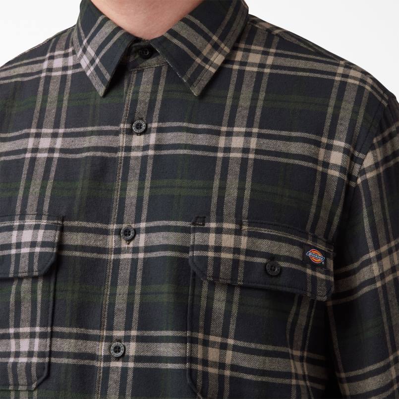 Dickies Men Long Sleeve Flannel Shirt Green/Black Plaid (NPG) N80J781 Apparel