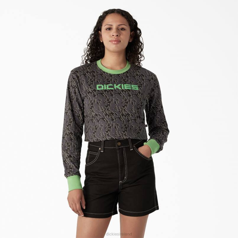 Dickies Women Camo Long Sleeve Cropped T-Shirt Charcoal Glitch Camo (HTC) N80J2187 Apparel