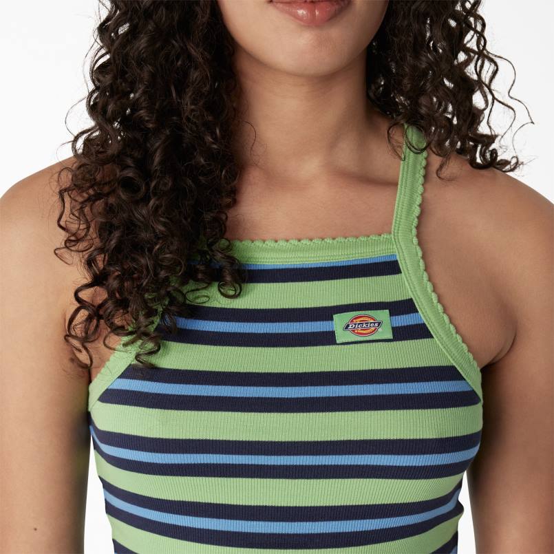 Dickies Women Rib Knit Cropped Tank Top Apple Mint Summer Fair Stripe (ASM) N80J2081 Apparel
