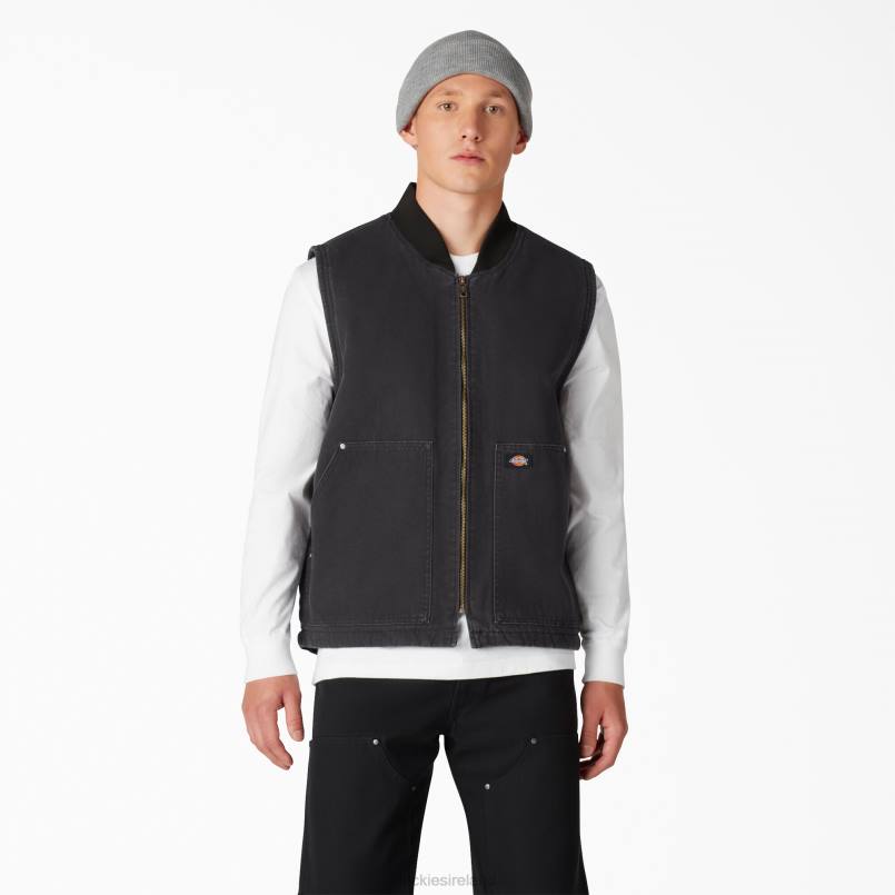 Dickies Men Stonewashed Duck High Pile Fleece Lined Vest Stonewashed Black (SBK) N80J1033 Apparel