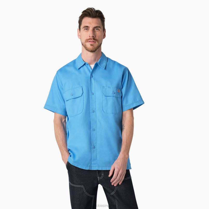 Dickies Men Madras Short Sleeve Work Shirt Azure Blue (AB2) N80J760 Work Apparel